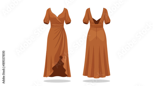 Elegant terracotta wrap dress with puff sleeves and v-neck design for stylish occasions