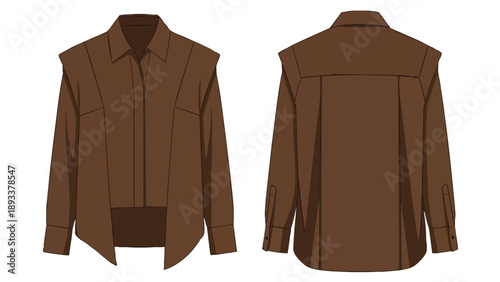 Versatile brown long-sleeve shirt technical drawing blueprint with collar and shoulder details.