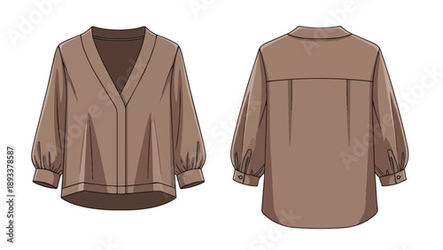 Fashion flat technical drawing of a stylish women's long-sleeve taupe v-neck blouse with gathers and cuffs