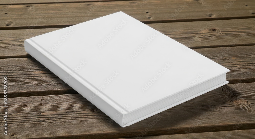 Fototapeta premium A closed blank white book lying on a wooden surface with a brown color
