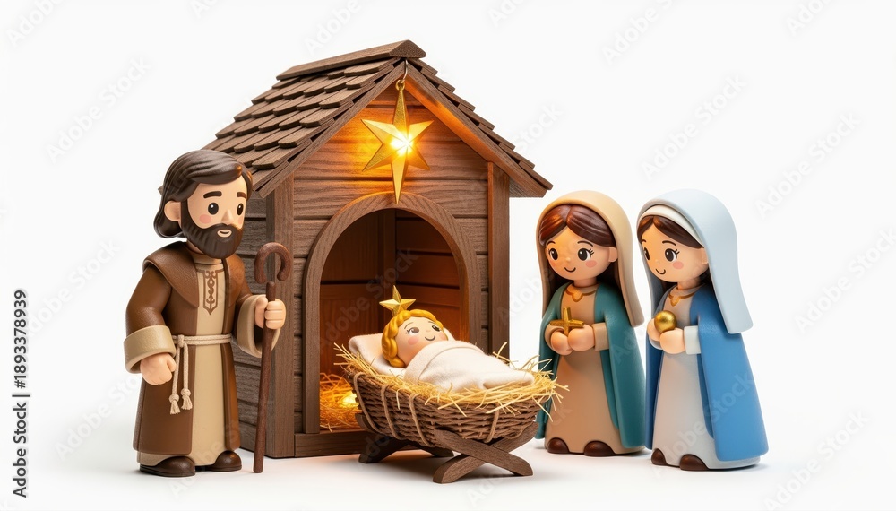 Obraz premium Christmas Nativity Scene: A heartwarming representation of the Nativity, depicting baby Jesus in a manger, with Mary, Joseph, and the star, symbolizing faith and the spirit of Christmas.