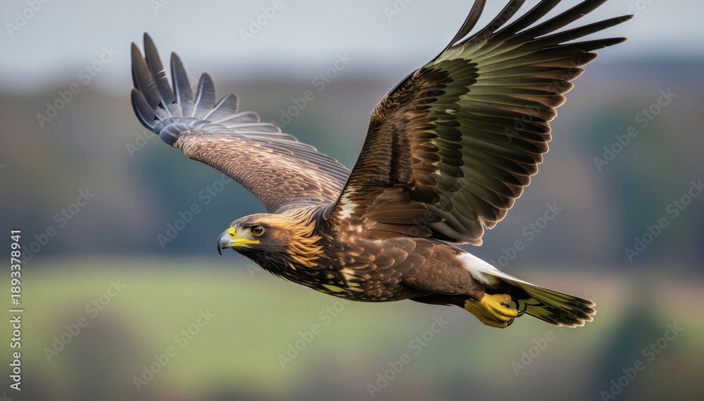 Obraz premium Golden Eagle in Flight: A majestic golden eagle soars through the air, showcasing its impressive wingspan and powerful flight, against a backdrop of natural landscape.