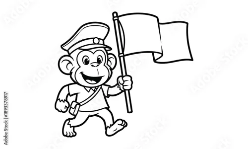 Obraz Cartoon monkey postman character holding flag for coloring activity