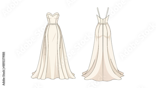 Front and back technical illustration of a beautiful flowing sleeveless formal gown design