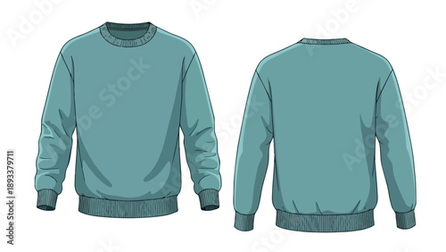 An isolated teal blue crew neck long sleeve sweater, presented in a clean flat lay vector style, showcasing both its front and back views for