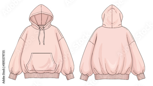 Modern oversized blush pink hoodie technical flat sketch for fashion design. Front and back views detailing a relaxed pullover style with ribbed