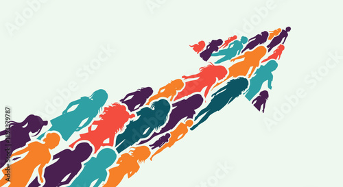 Diverse people in colorful silhouettes forming an upward arrow symbolizing teamwork and growth
