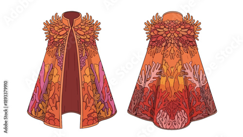 Exquisite fantasy garment artwork, showcasing a vibrant coral reef motif with intricate marine life textures and warm oceanic colors, ideal for