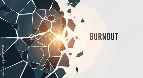 Burnout concept with cracked glass and glowing light on dark background