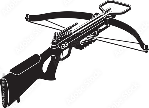 Black and white sketched crossbow with detailed mechanical parts and string outline