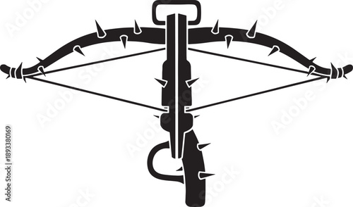 Black and white sketched of a crossbow with barbed arrows and a hook medieval