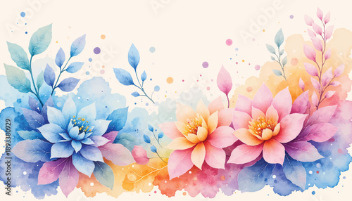 A beautiful watercolor painting of vibrant lotus flowers in soft pastel colors, with delicate leaves and scattered dots.