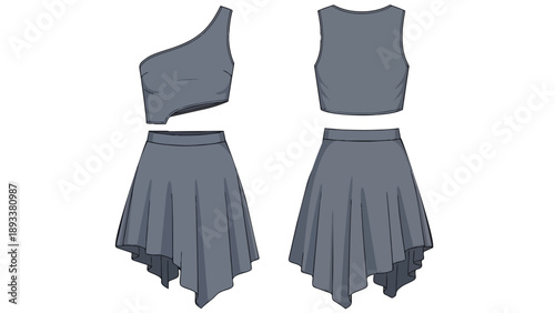 Stylish flat sketch of a contemporary two-piece outfit featuring an asymmetrical one-shoulder crop top and a flowy handkerchief hem skirt design on