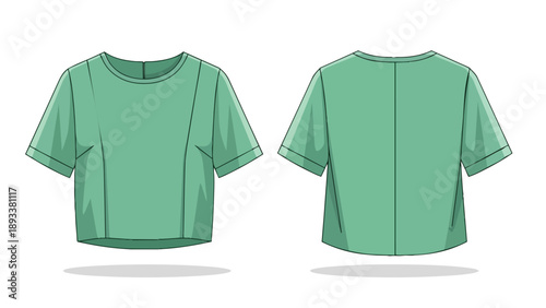 Mint Green Crop Top Technical Drawing Flat Sketch Front and Back View Fashion Apparel Design Template for Casual Wear Stylish Comfortable Clothing
