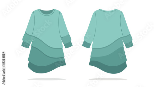 This detailed vector graphic presents a fashionable long-sleeved dress with an artfully tiered asymmetrical design, showcased in appealing teal