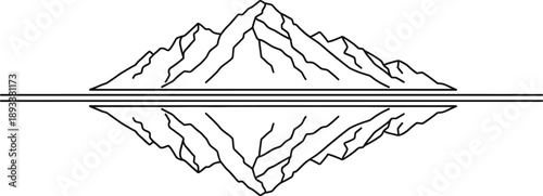 Minimalist black and white line art drawing depicting a rugged mountain range perfectly reflected across a calm horizontal water line creating a striking symmetrical landscape design