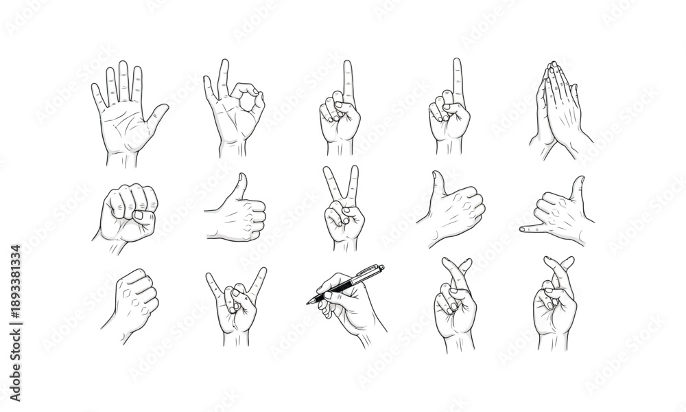 Fototapeta premium Human hand gestures set sketch collection communication body language