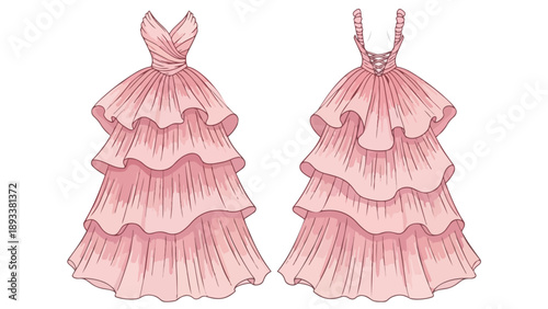 Elegant illustration of a pink tiered gown design, showcasing front and back views for fashion concepts.