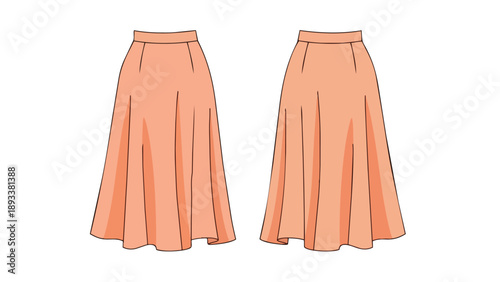 Elegant peach midi skirt technical drawing showcasing front and back views a versatile garment for diverse fashion applications and style creation
