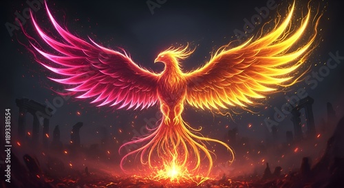 fiery phoenix bird, mythical creature, fire wings, fantasy art