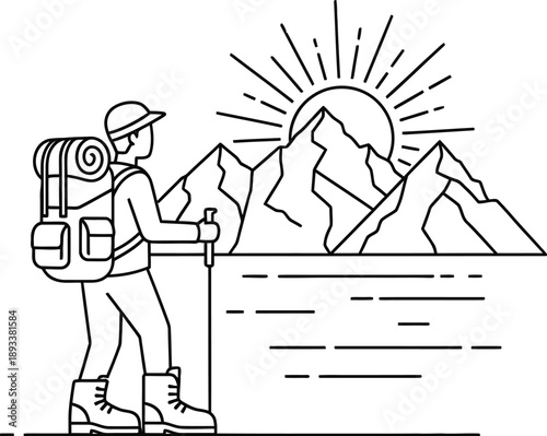 Minimalist line art depicts a lone hiker with a heavy backpack walking toward majestic mountains at sunrise beside a serene body of water