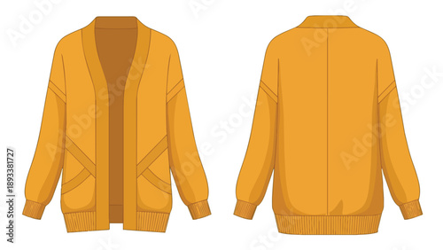 Vibrant ochre-toned knit cardigan vector flat sketch meticulously illustrating both front and back views for comprehensive fashion design and