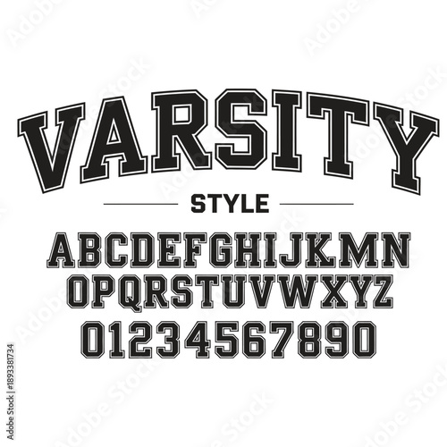 Varsity Style Alphabet and Numbers Set, Collegiate Athletic Font Vector for Sports Jersey Design