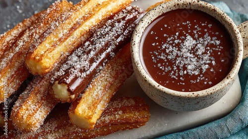 Spanish churros with thick hot chocolate dipping sauce sprinkled with sugar rustic yet clean arrangement neutral background Popular dish
