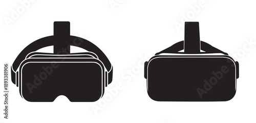 Two virtual reality headsets shown in a stark black silhouette