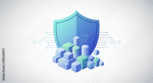 Blue shield protects cityscape with blocks and circuit lines on white background