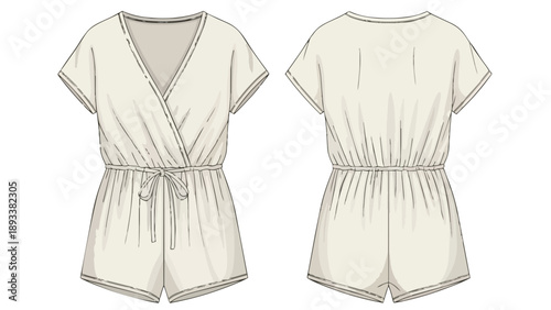 Detailed flat technical sketch of a comfortable women's fashion playsuit featuring a stylish V-neck wrap front and drawstring waist for casual wear