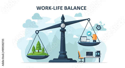 Work life balance concept with scale nature on one side and office on the other symbolizing harmony