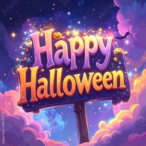 A colorful Halloween-themed sign with clouds and stars