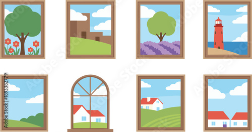 Window frame views collection with countryside landscape village house tree and lighthouse vector illustration