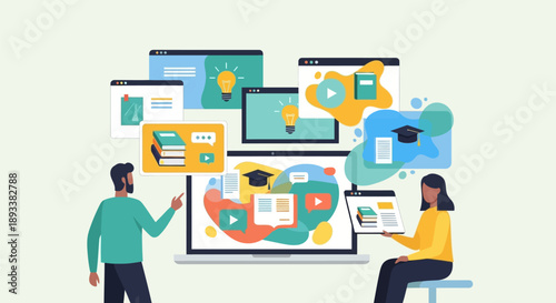 Online learning concept with people interacting with digital devices and educational content