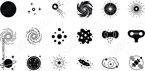 A set of monochrome space and astronomy icons depicting planets, stars, galaxies, and spacecraft