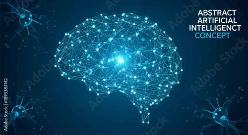Abstract artificial intelligence concept with glowing blue brain network and neurons on dark background