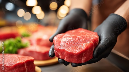 Wallpaper Mural Hands in black gloves carefully examine and choose a vibrant cut of beef amidst a display of fresh meat in a bustling butcher shop, filled with bright lights and a range of options Torontodigital.ca