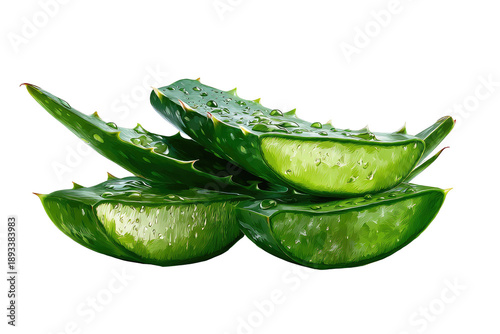Close-up of aloe vera slices.  Fresh, vibrant green aloe vera leaves, sliced, and glistening with water droplets