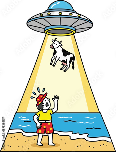 Cartoon UFO abducting cow on beach vector illustration