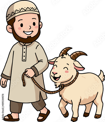 Vector illustration of a Muslim man leading a goat for Qurban sacrifice on Eid al-Adha celebration