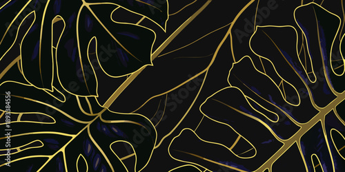 Golden line art depicting tropical monstera leaves on a black background
