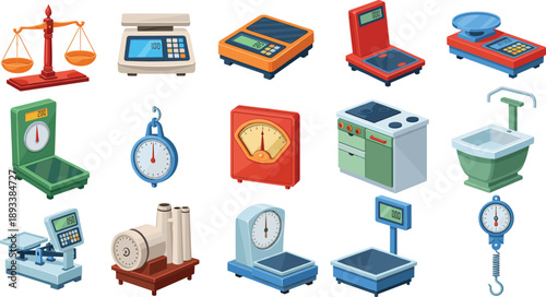 Weighing scale and measurement equipment collection with digital, analog and industrial balance devices vector illustration