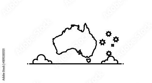 Australia outline with Southern Cross stars and clouds