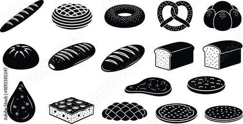 Collection of black and white bread and baked goods icons including pretzels, bagels, loaves, and flatbreads