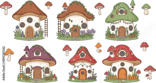 Cute mushroom fairy house collection with whimsical fantasy cottages and storybook nature cartoon vector illustration