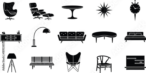 A collection of black silhouette icons representing mid-century modern furniture pieces and home decor