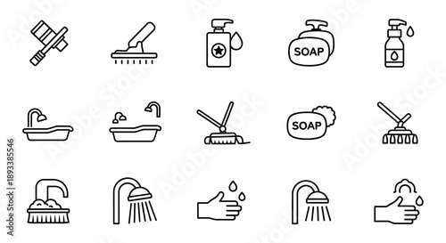 Line drawing of cleaning supplies bathroom fixtures and hygiene symbols