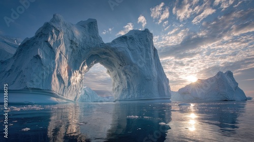 Dramatic iceberg arch in Disko Bay Greenland with sunlight piercing through the ice creating rainbow refractions in the water