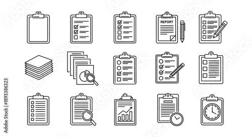 Collection of black and white clipboard icons with checklists and forms
